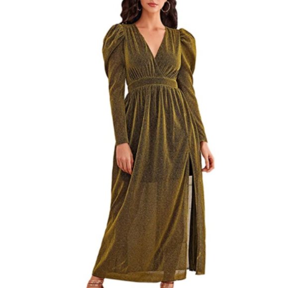 Dresses & Skirts - NWT Golden Overlay Puff Sleeve Evening Maxi Dress